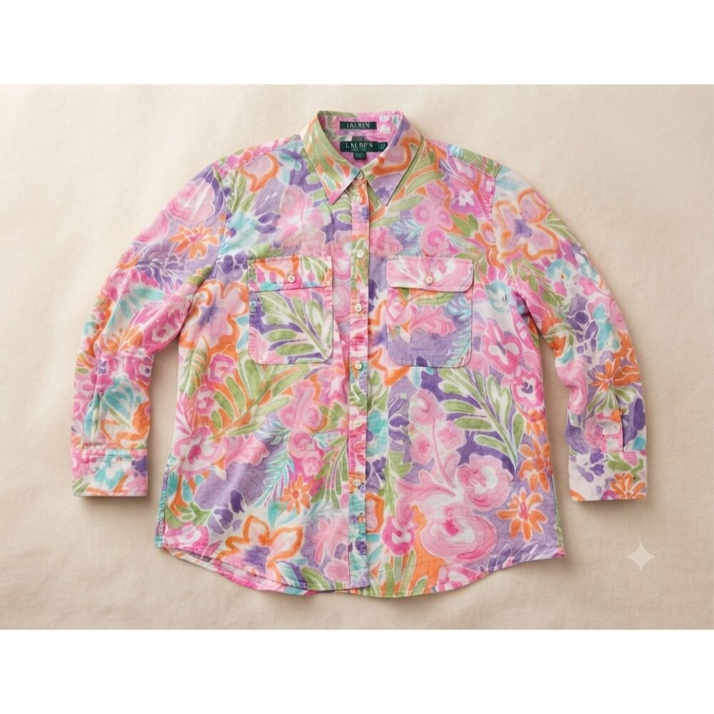 Lauren Ralph Lauren Womens L Watercolor Floral Button Down Shirt Roll Tab Sleeve